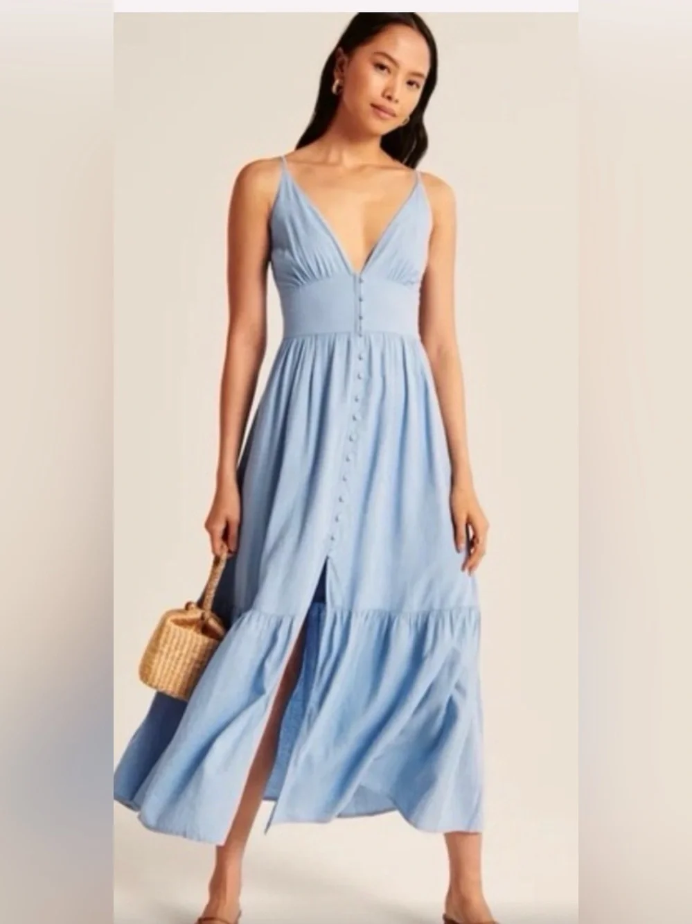 Abercrombie & Fitch maxi dress XS Button Front V-Neck Coastal Chic Light Blue
